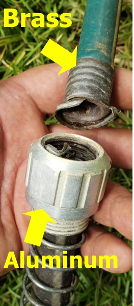 Broken brass and aluminum water hose
